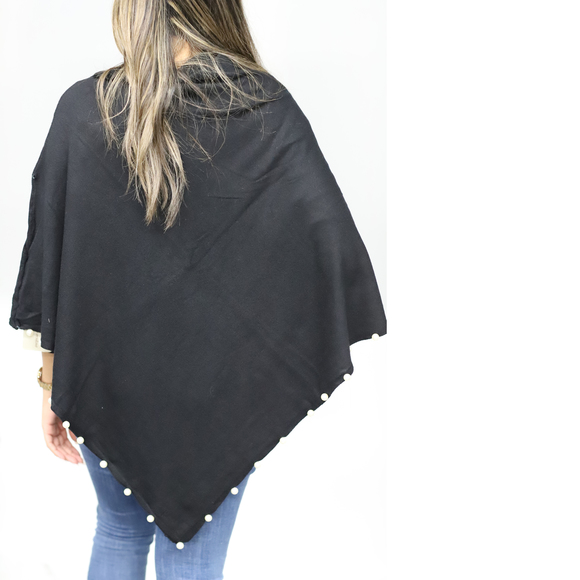 La Fiorentina Lightweight Knitted Poncho with Pearl Trim Border - Picture 2 of 2